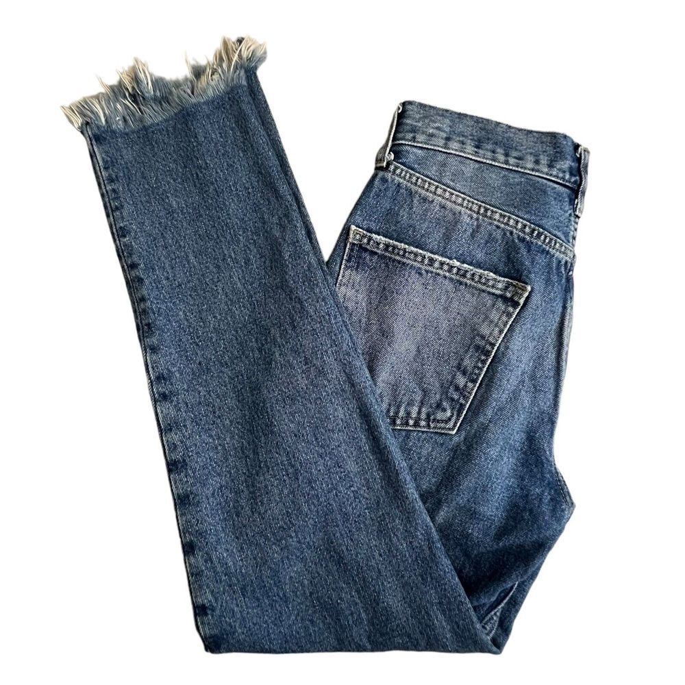Pilcro Anthropologie Womens Dark Wash Mid Rise Fringe Hem Slim Leg Jeans 27 READ